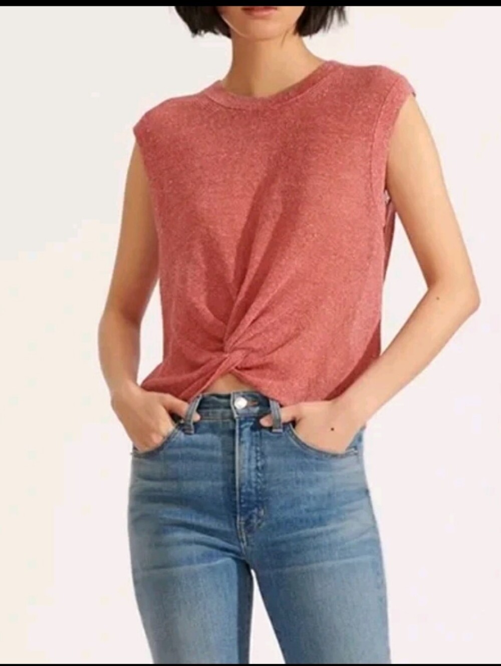 Veronica Beard Kellen Linen Twist-Front Sweater Cap Sleeve Small Metallic Pink